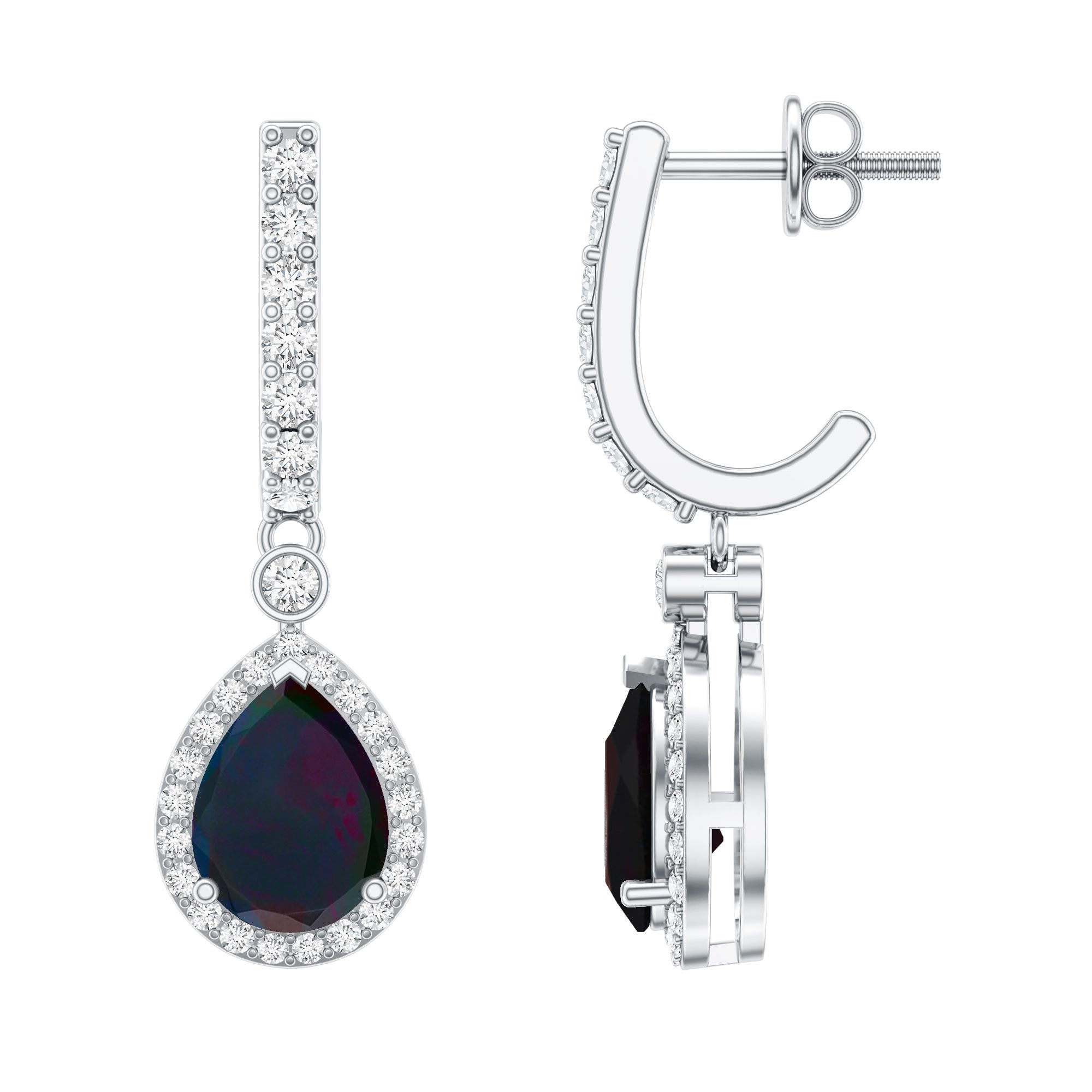 Natural 2 Carat Black Opal Teardrop Earrings with Moissanite AAA 92.5 Sterling Silver - Rosec Jewels