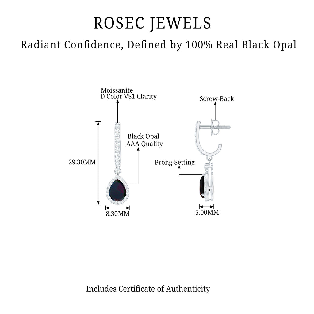 3.25 CT Classic Black Opal and Moissanite Hoop Drop Earrings Black Opal - ( AAA ) - Quality - Rosec Jewels