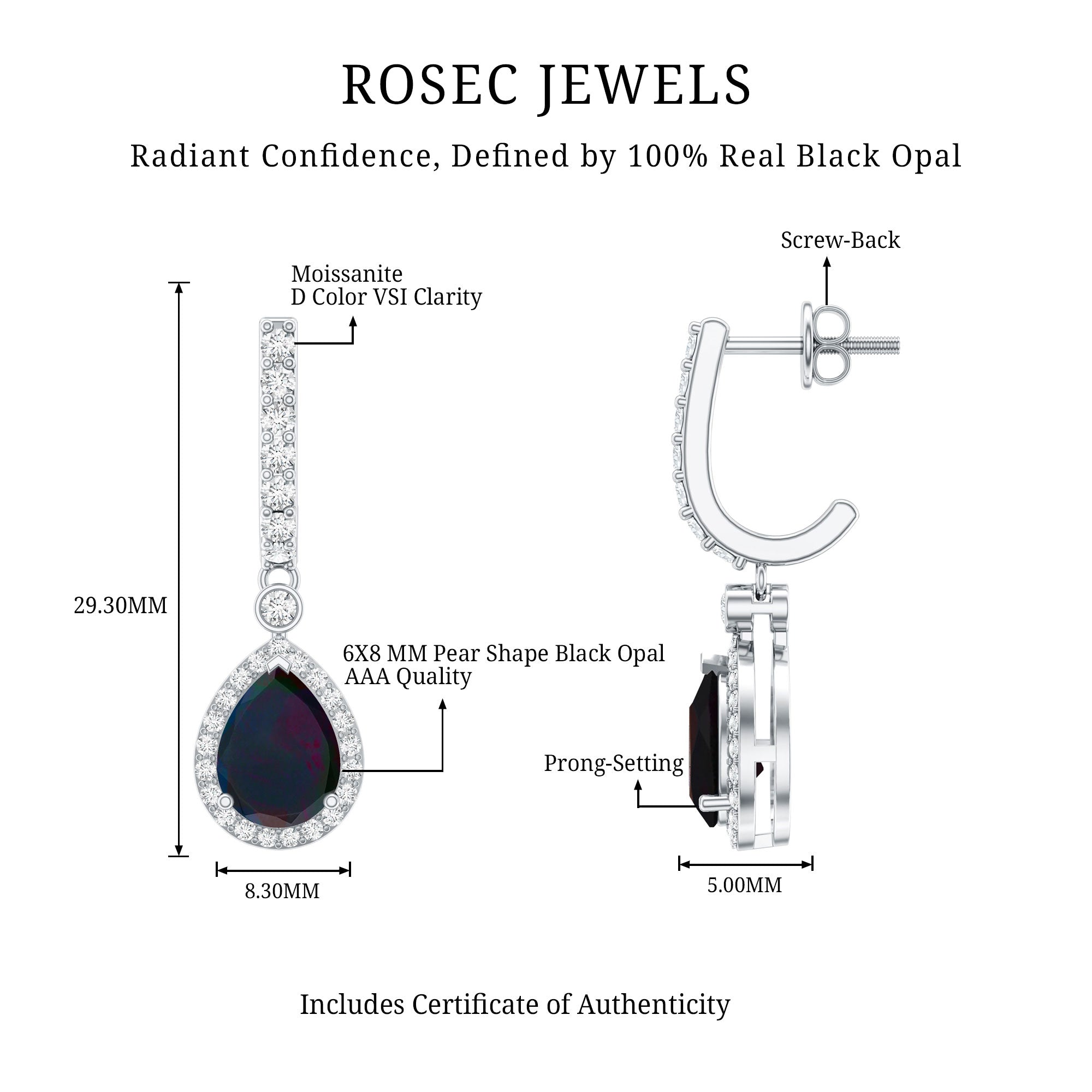 Natural 2 Carat Black Opal Teardrop Earrings with Moissanite AAA 92.5 Sterling Silver - Rosec Jewels