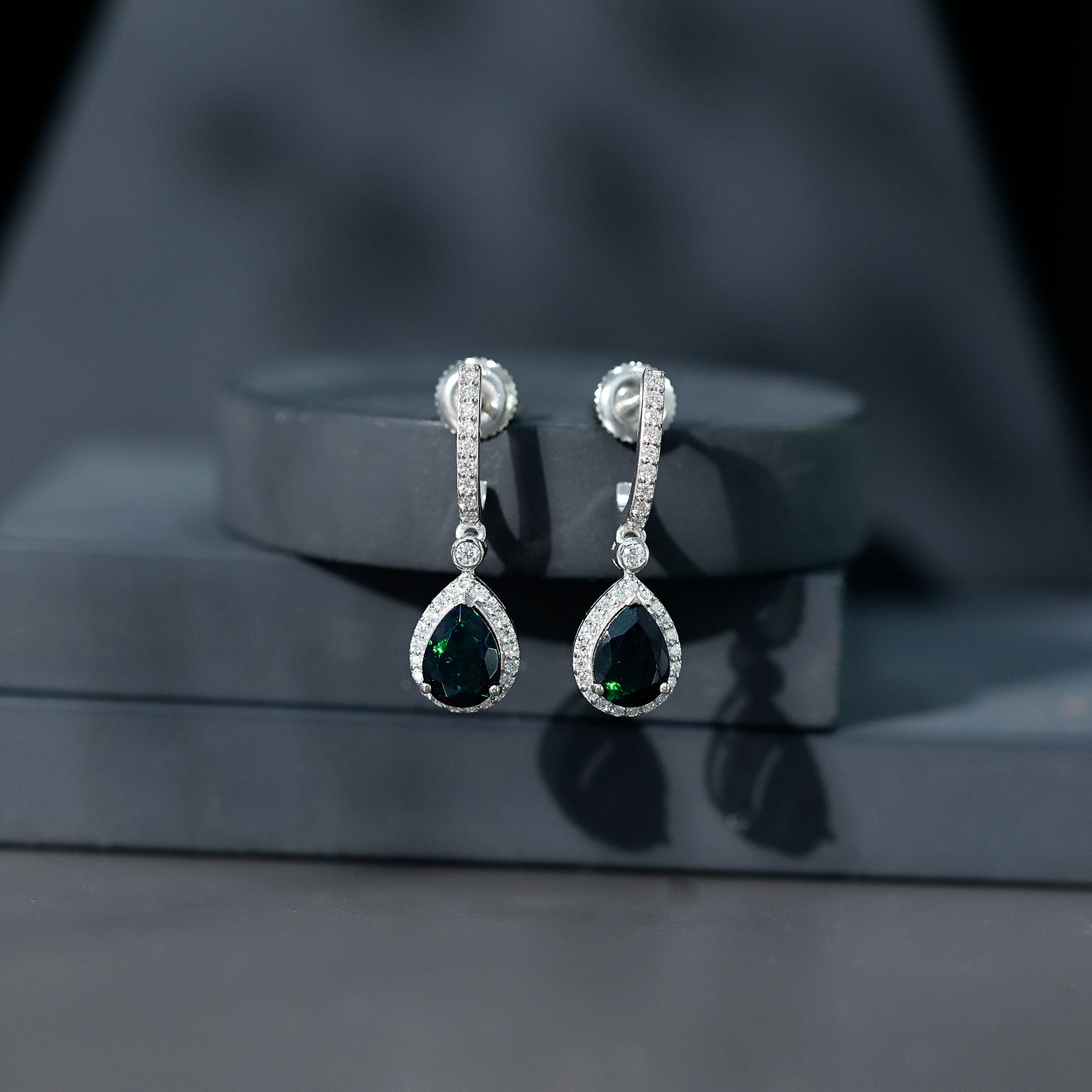 Natural 2 Carat Black Opal Teardrop Earrings with Moissanite AAA 92.5 Sterling Silver - Rosec Jewels