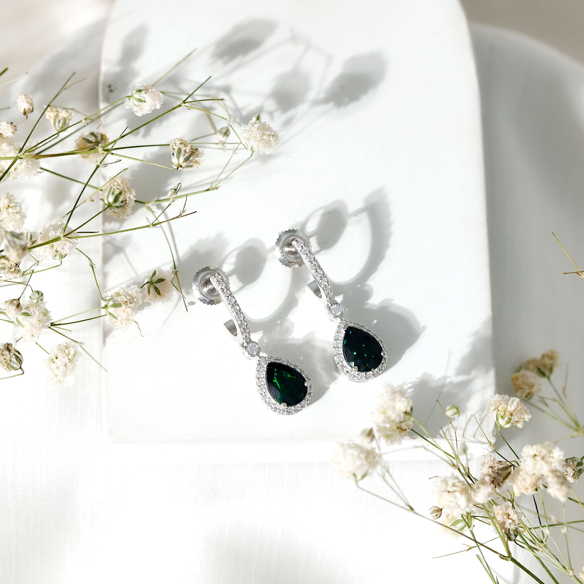 Natural 2 Carat Black Opal Teardrop Earrings with Moissanite AAA 92.5 Sterling Silver - Rosec Jewels