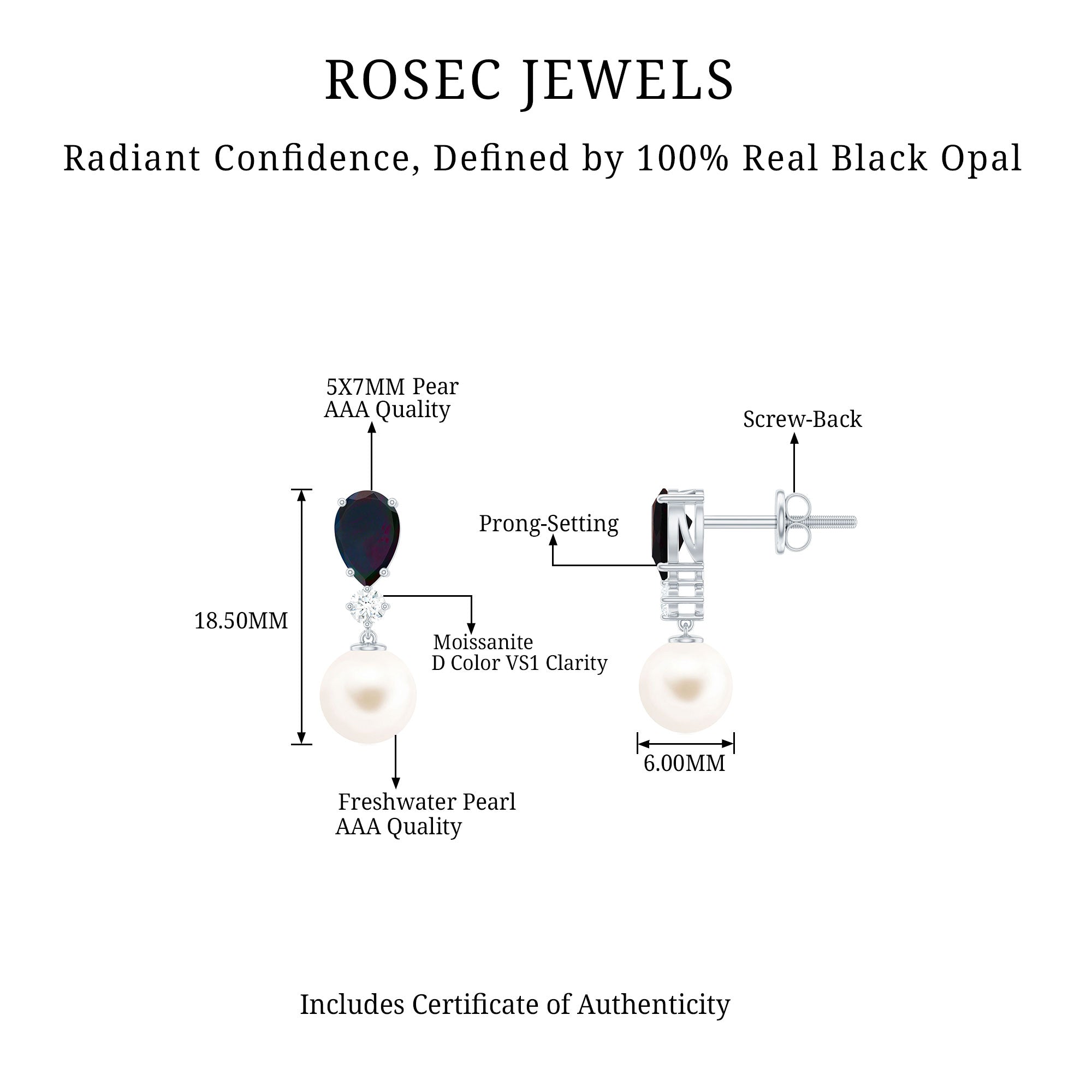 Pear Cut Black Opal and Freshwater Pearl Drop Earrings with Moissanite Black Opal - ( AAA ) - Quality - Rosec Jewels