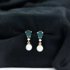 Pear Cut Black Opal and Freshwater Pearl Drop Earrings with Moissanite Black Opal - ( AAA ) - Quality - Rosec Jewels
