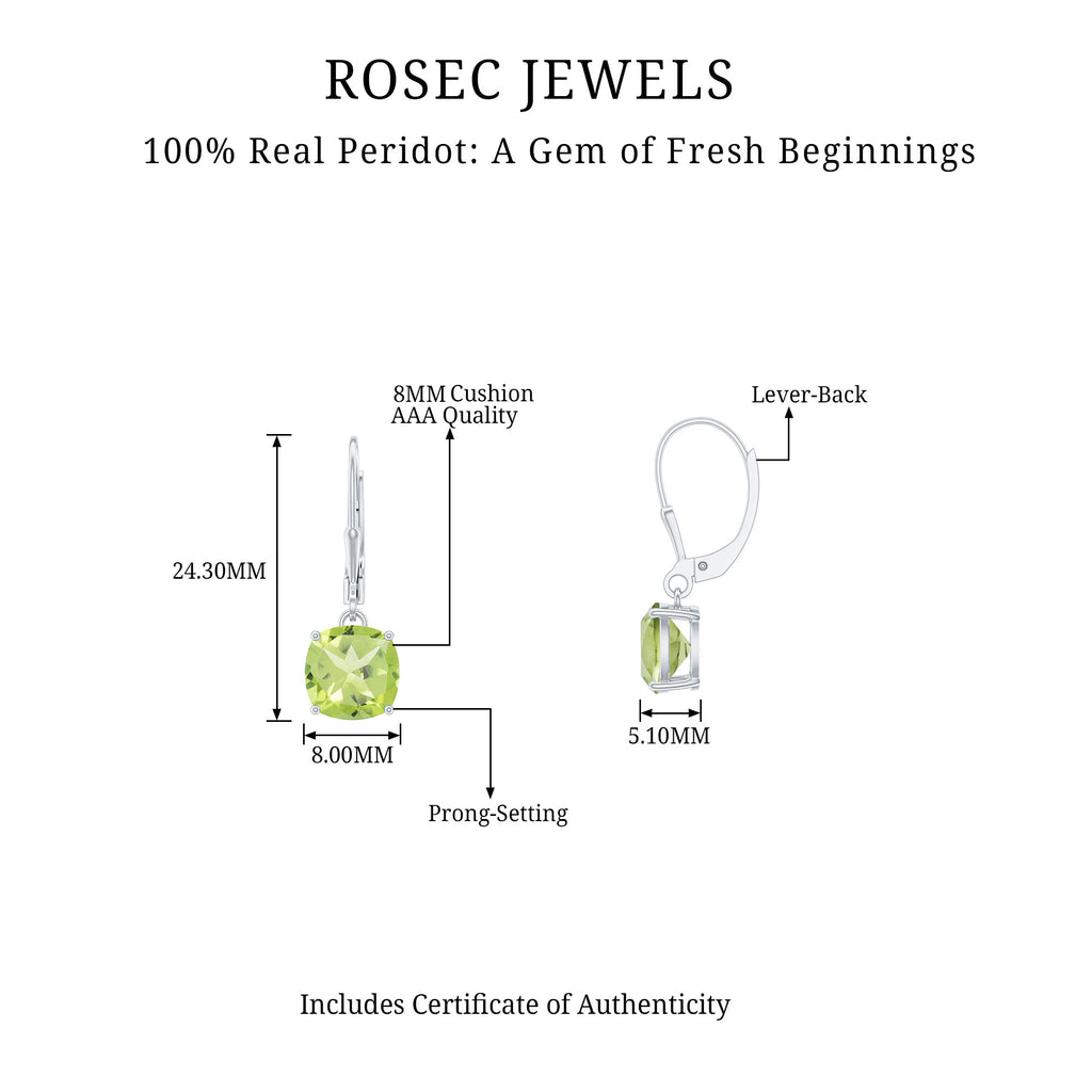 8 MM Cushion Cut Peridot Solitaire Drop Earrings in Silver - Rosec Jewels
