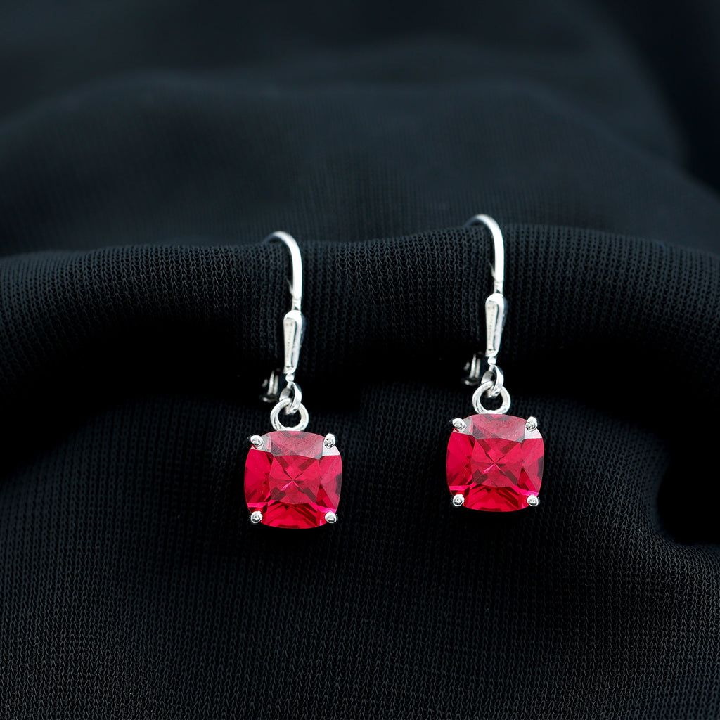 Cushion Cut Solitaire Created Ruby Drop Earrings Lab Created Ruby - ( AAAA ) - Quality - Rosec Jewels