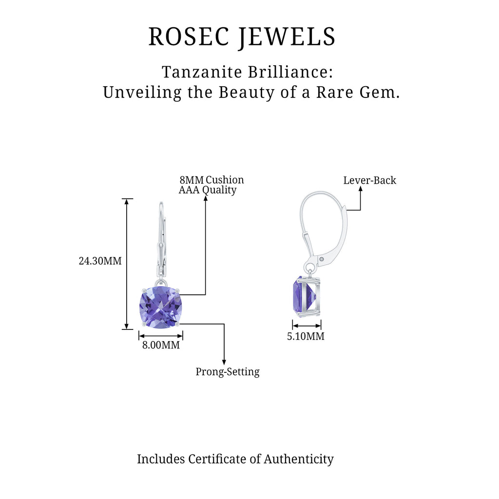 8 MM Cushion Cut Lab-Created Tanzanite Solitaire Drop Earrings in Silver - Rosec Jewels