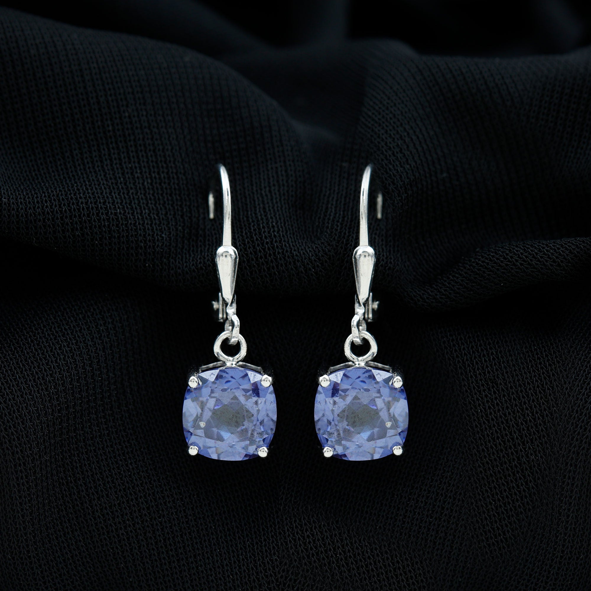 8 MM Cushion Cut Lab-Created Tanzanite Solitaire Drop Earrings in Silver Lab Created Tanzanite - ( AAAA ) - Quality 92.5 Sterling Silver - Rosec Jewels
