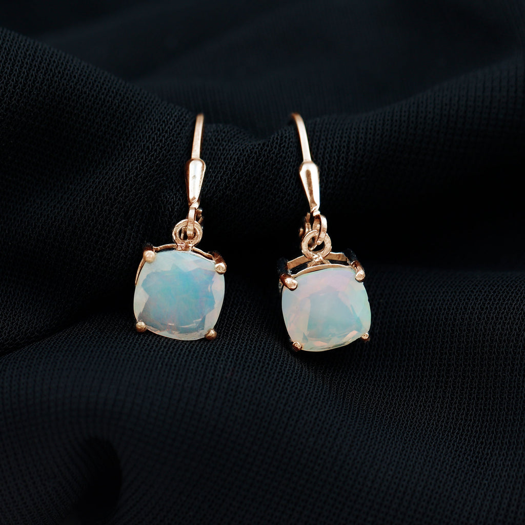 Cushion Cut Solitaire Ethiopian Opal Drop Earrings Ethiopian Opal - ( AAA ) - Quality - Rosec Jewels
