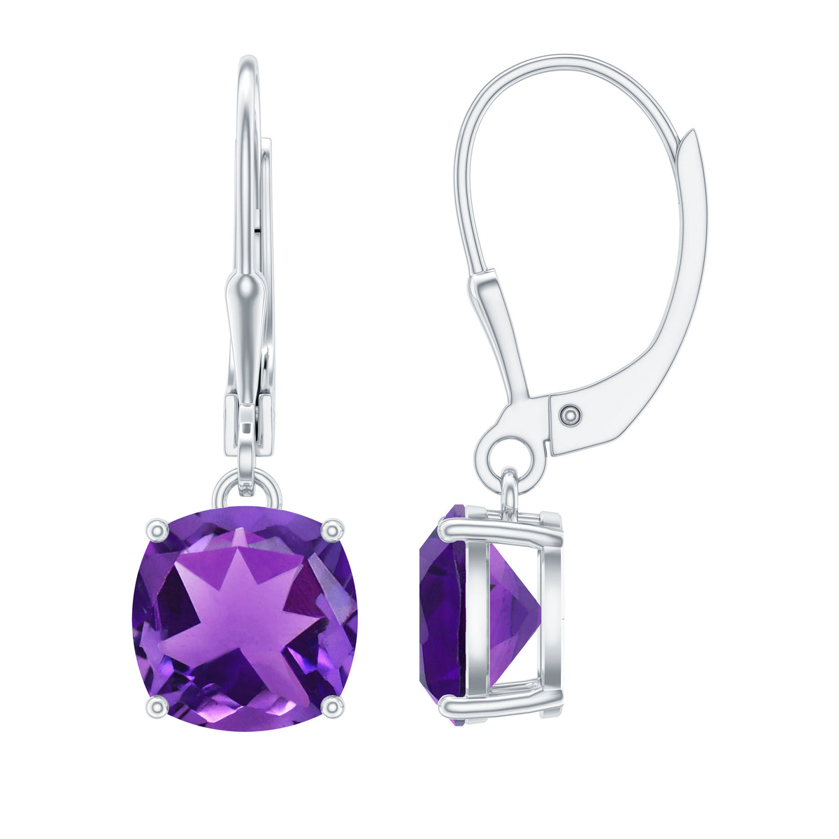 Natural 4.2 Carat Cushion Cut Amethyst Drop Earrings with Lever Back AAA - Rosec Jewels