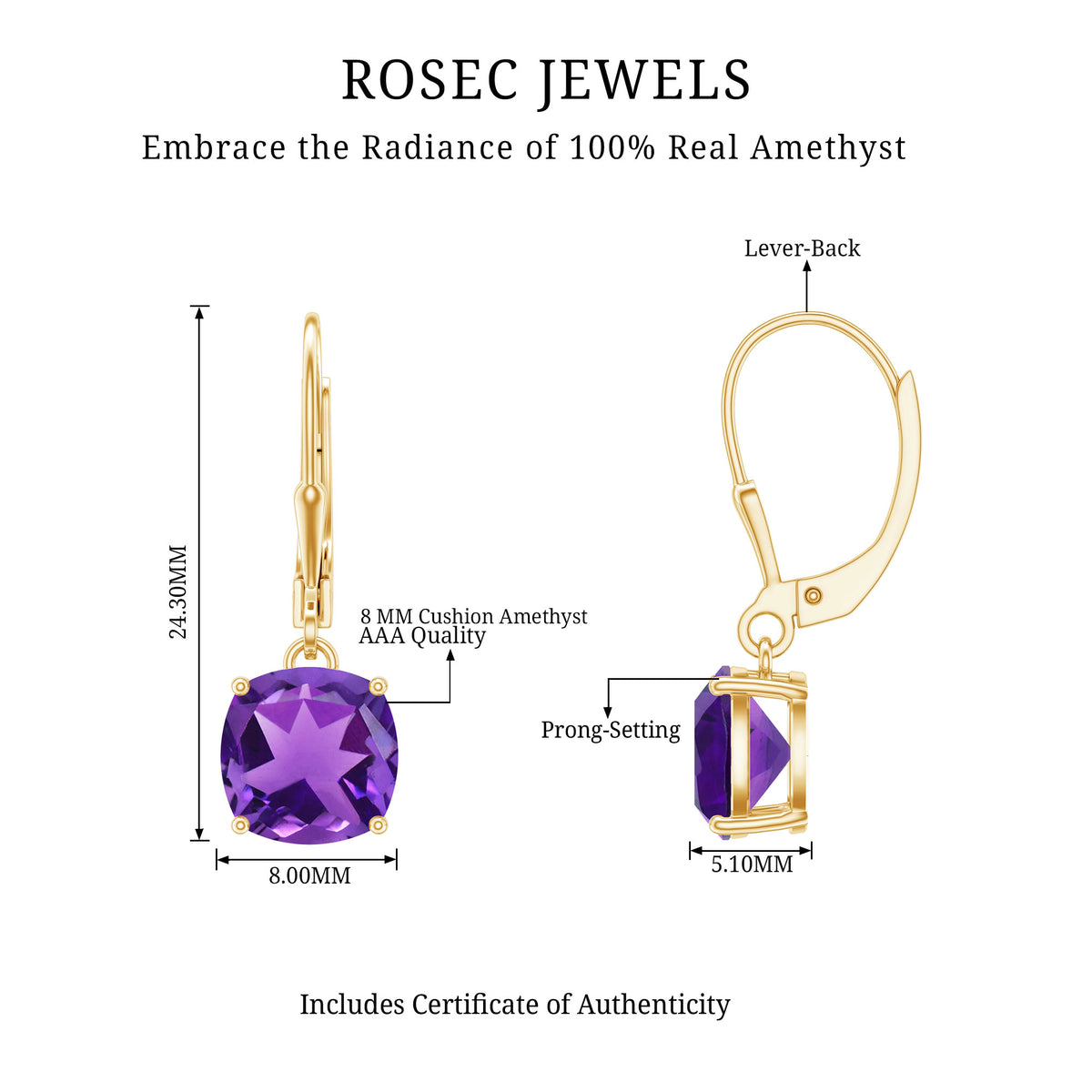 Natural 4.2 Carat Cushion Cut Amethyst Drop Earrings with Lever Back AAA - Rosec Jewels