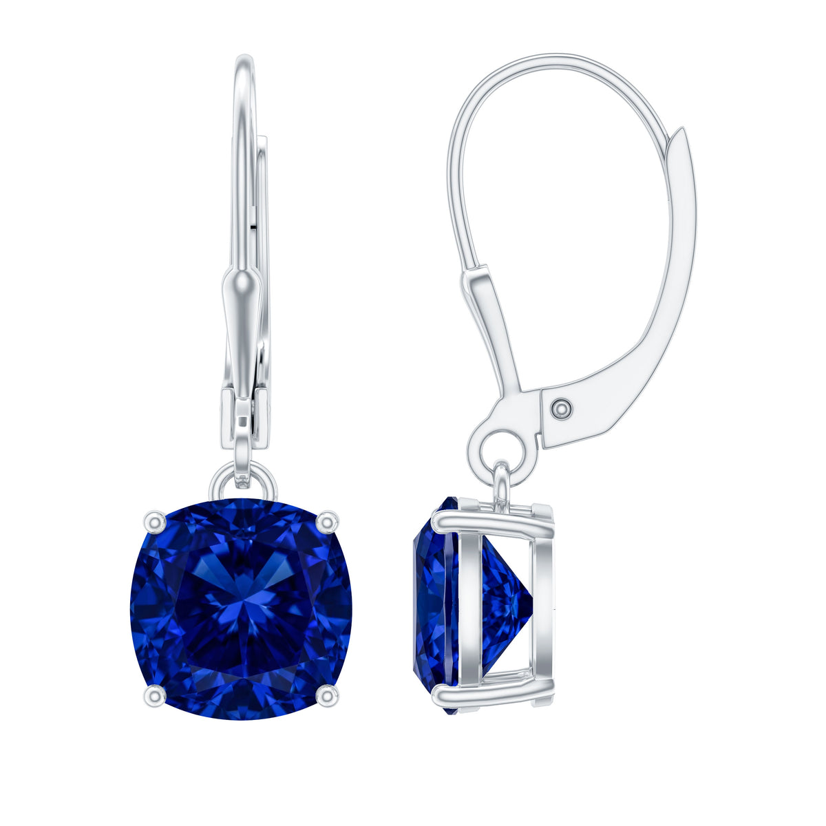 Cushion Cut Lab Grown Blue Sapphire Drop Hoop Earrings AAAA - Rosec Jewels