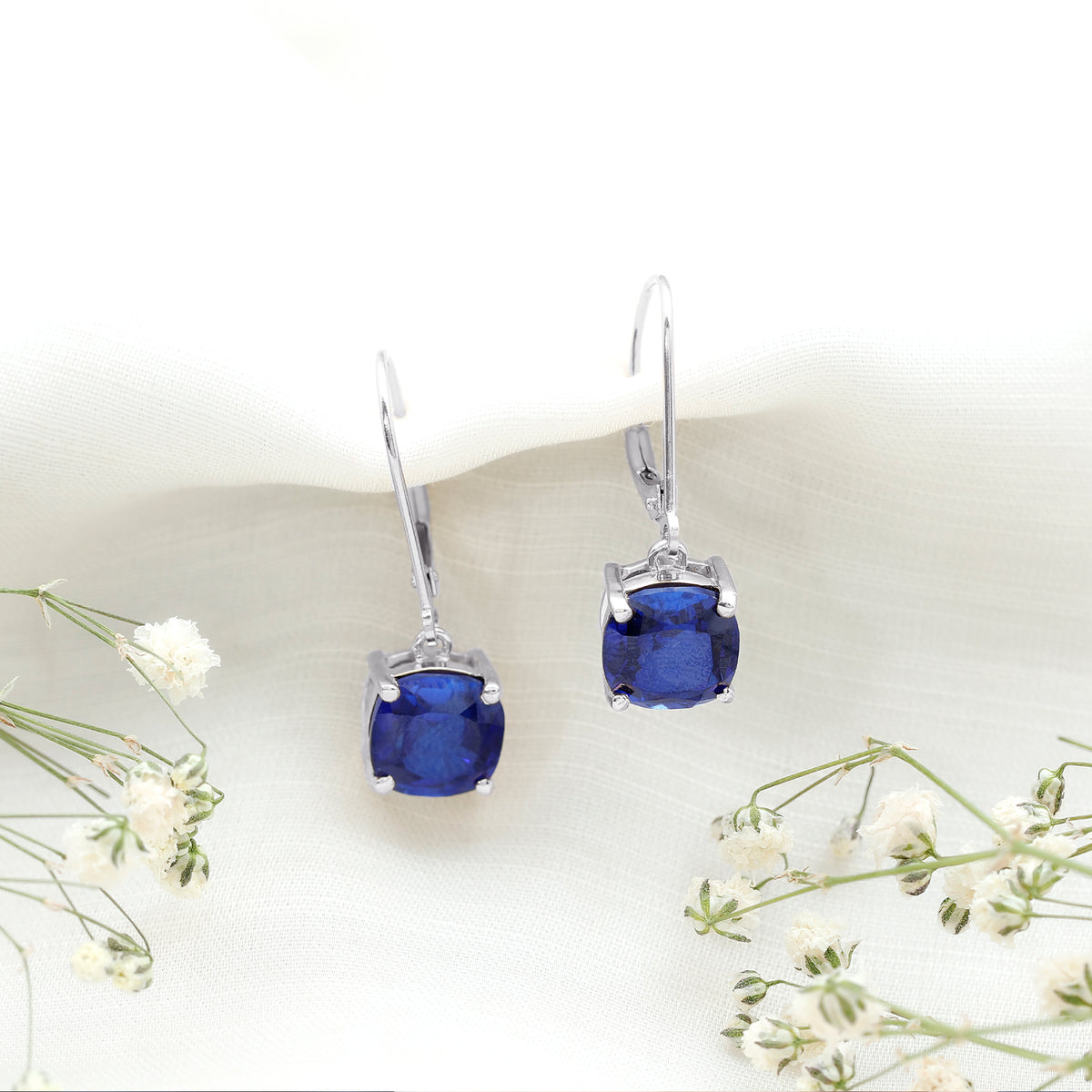 Cushion Cut Lab Grown Blue Sapphire Drop Hoop Earrings AAAA - Rosec Jewels