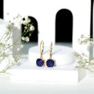 Cushion Cut Lab Grown Blue Sapphire Drop Hoop Earrings AAAA - Rosec Jewels