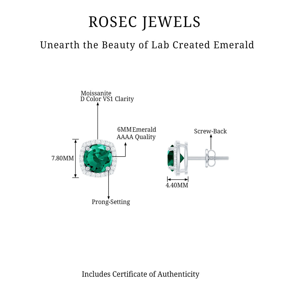 Classic Created Emerald Halo Silver Stud Earrings with Moissanite - Rosec Jewels