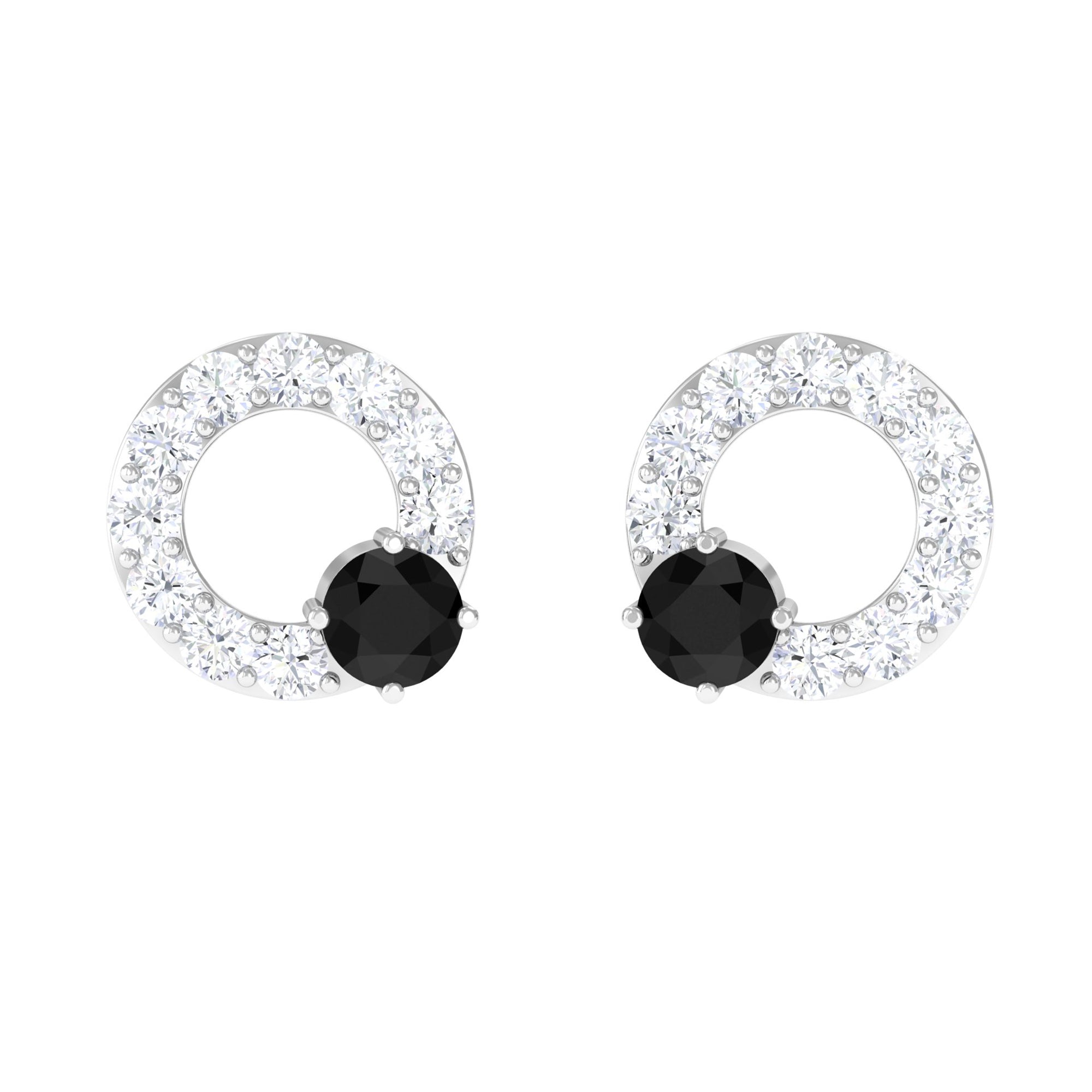 3/4 CT Round Black Onyx and Diamond Open Circle Stud Earrings Black Onyx - ( AAA ) - Quality - Rosec Jewels