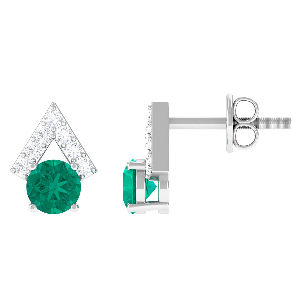 Emerald and Diamond Contemporary Stud Earrings Emerald - ( AAA ) - Quality - Rosec Jewels
