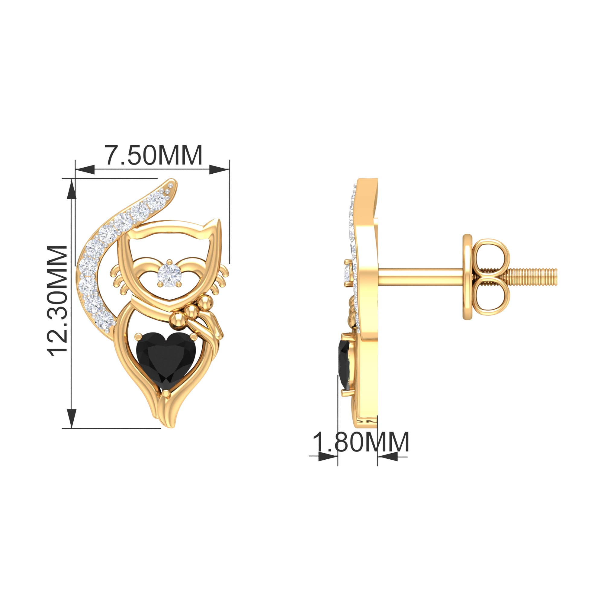 Heart Shape Created Black Diamond and Diamond Cute Cat Stud Earrings Lab Created Black Diamond - ( AAAA ) - Quality - Rosec Jewels