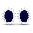 Oval Cut Created Blue Sapphire Halo Stud Earrings with Diamond Lab Created Blue Sapphire - ( AAAA ) - Quality - Rosec Jewels