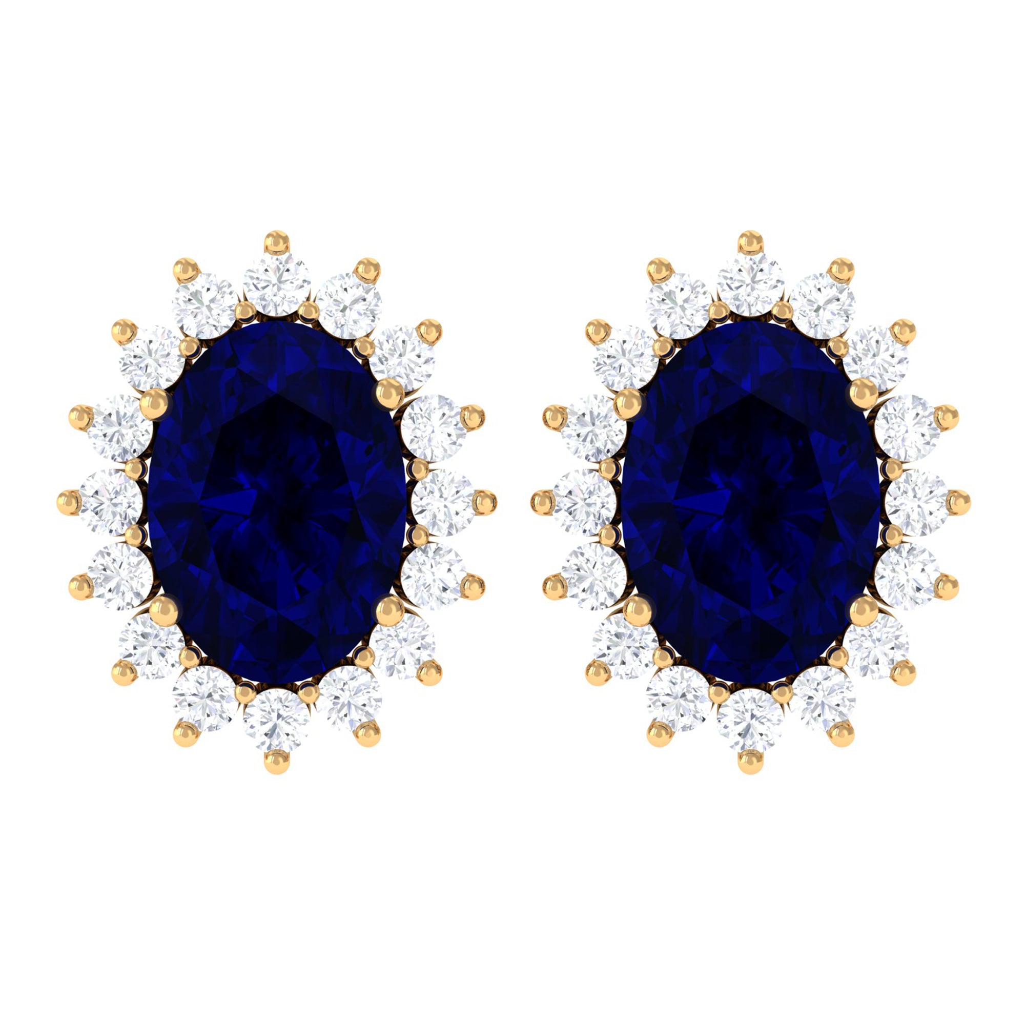 Oval Cut Created Blue Sapphire Halo Stud Earrings with Diamond Lab Created Blue Sapphire - ( AAAA ) - Quality - Rosec Jewels
