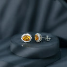 Oval Shaped 2.2 Carat Citrine Stud Earrings with Halo AAA 92.5 Sterling Silver - Rosec Jewels