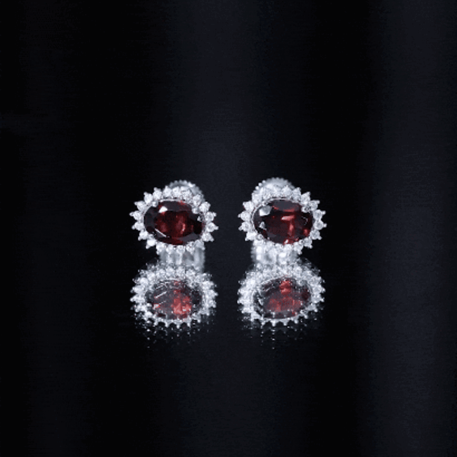 Sterling Silver 3 Carat Oval Garnet Stud Earrings with Moissanite Halo AAA 92.5 Sterling Silver - Rosec Jewels