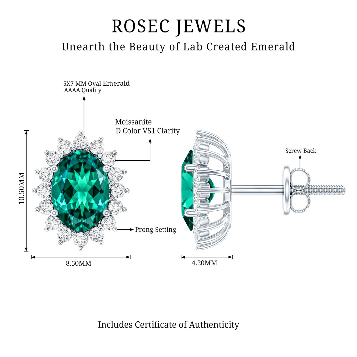 Lab Created Emerald Oval Stud Earrings with Moissanite Halo AAAA - Rosec Jewels