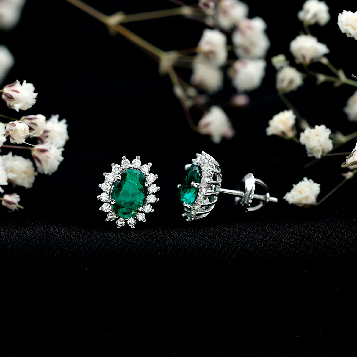 Lab Created Emerald Oval Stud Earrings with Moissanite Halo AAAA - Rosec Jewels