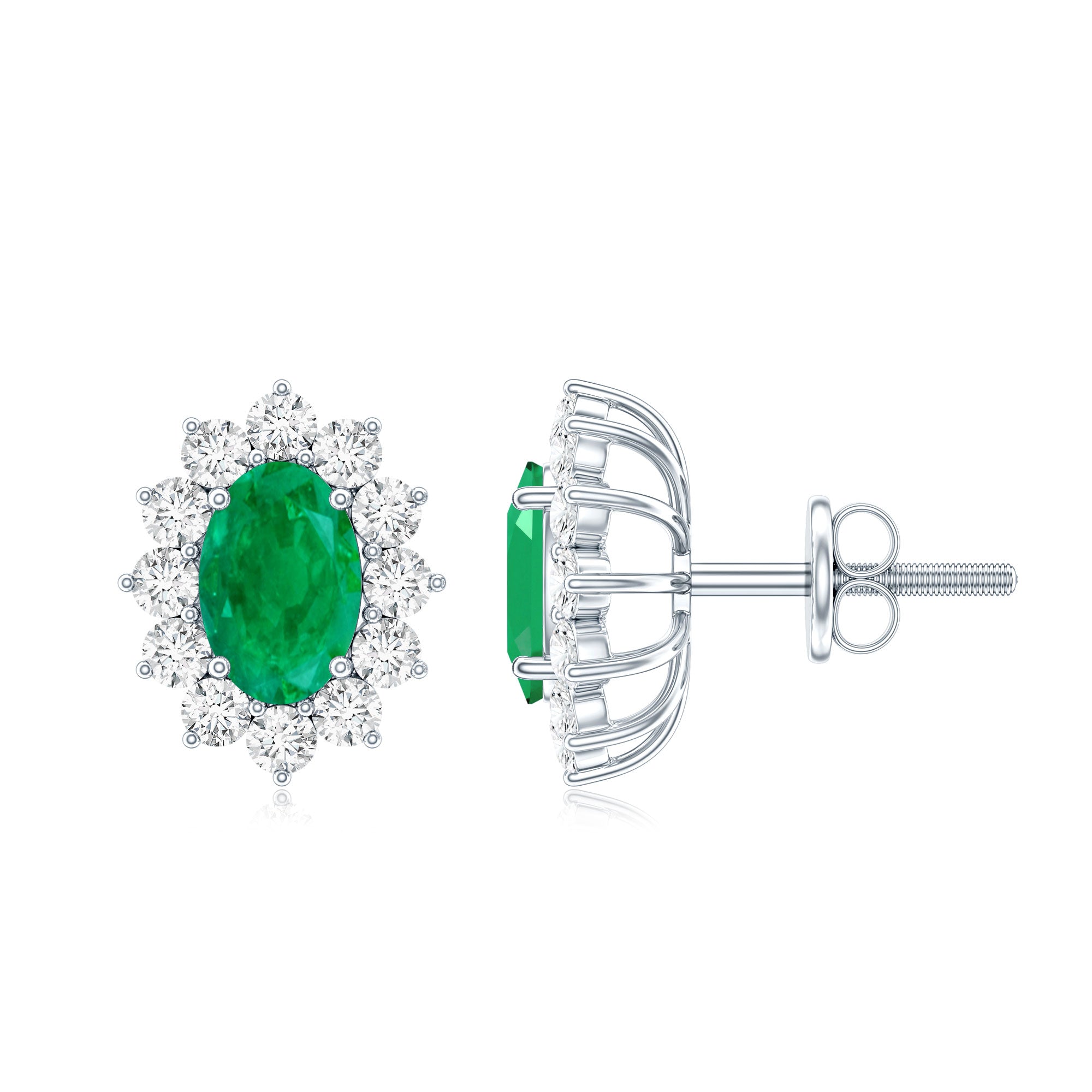 Oval Cut Natural Emerald Stud Earrings with Diamond Halo AAA - Rosec Jewels