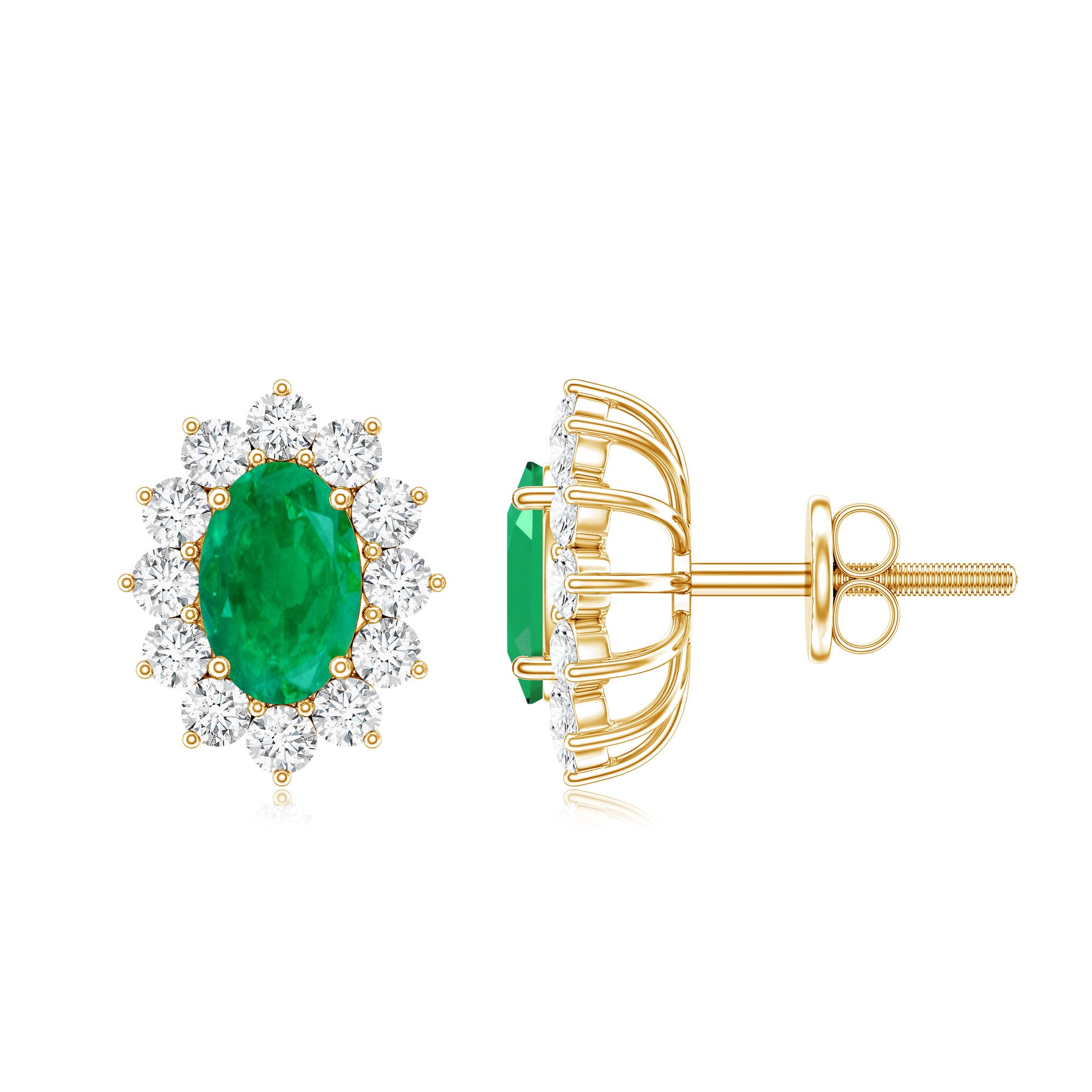 Oval Cut Natural Emerald Stud Earrings with Diamond Halo AAA - Rosec Jewels