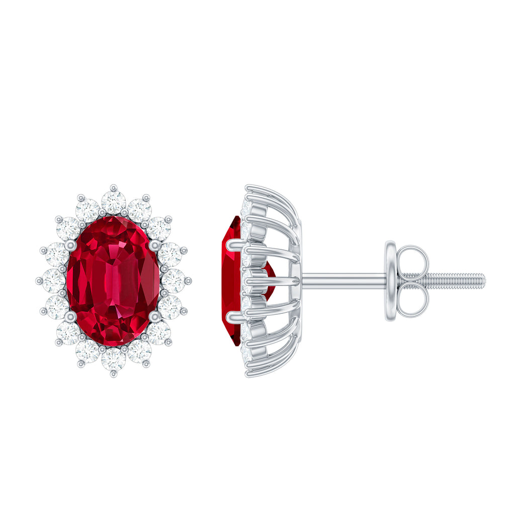 4 CT Oval Cut Created Ruby Classic Earrings with Diamond Halo Lab Created Ruby - ( AAAA ) - Quality - Rosec Jewels