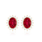 4 CT Oval Cut Created Ruby Classic Earrings with Diamond Halo Lab Created Ruby - ( AAAA ) - Quality - Rosec Jewels