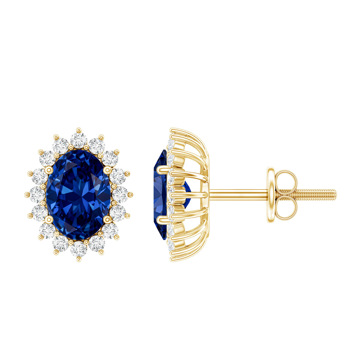 Lab Created Blue Sapphire Oval Stud Earrings with Moissanite Halo AAAA - Rosec Jewels