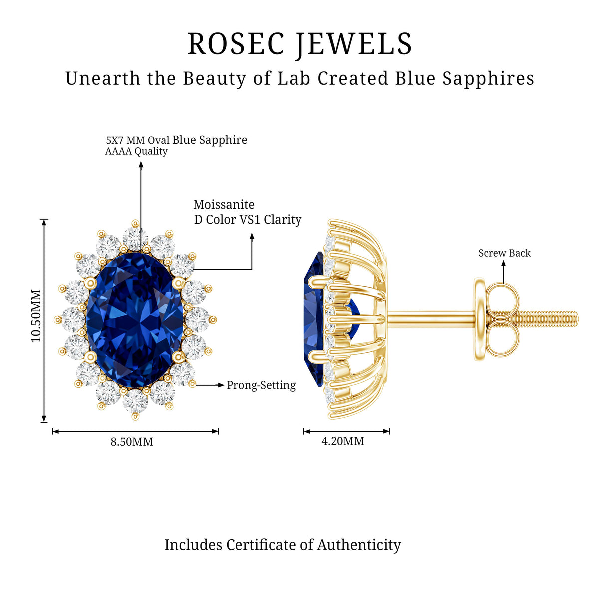 Lab Created Blue Sapphire Oval Stud Earrings with Moissanite Halo AAAA - Rosec Jewels
