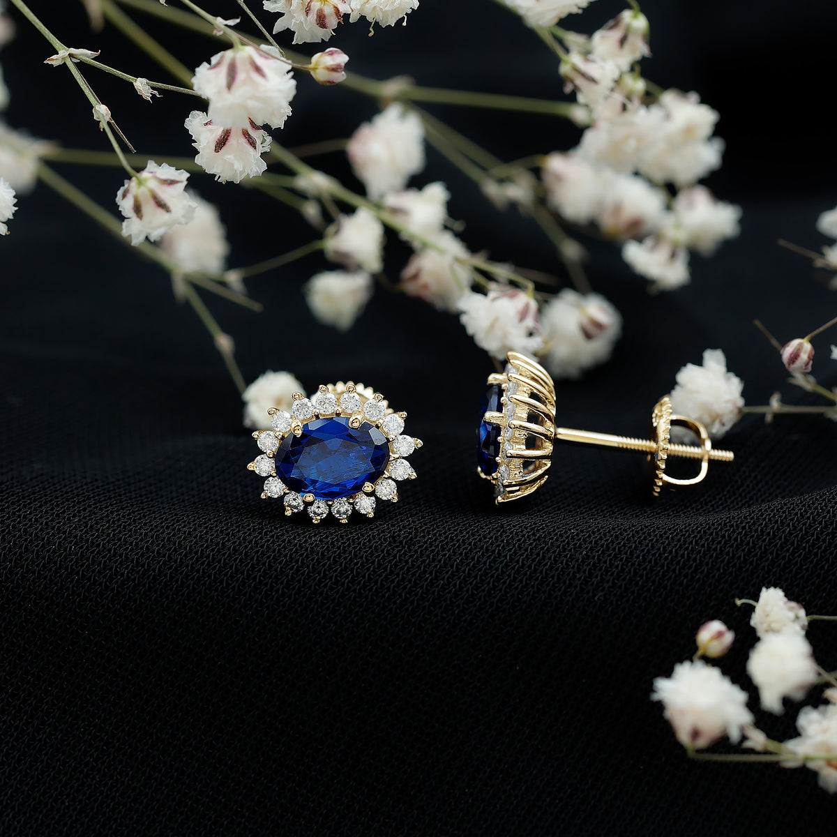 Lab Created Blue Sapphire Oval Stud Earrings with Moissanite Halo AAAA - Rosec Jewels