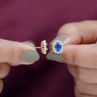 Lab Created Blue Sapphire Oval Stud Earrings with Moissanite Halo AAAA - Rosec Jewels