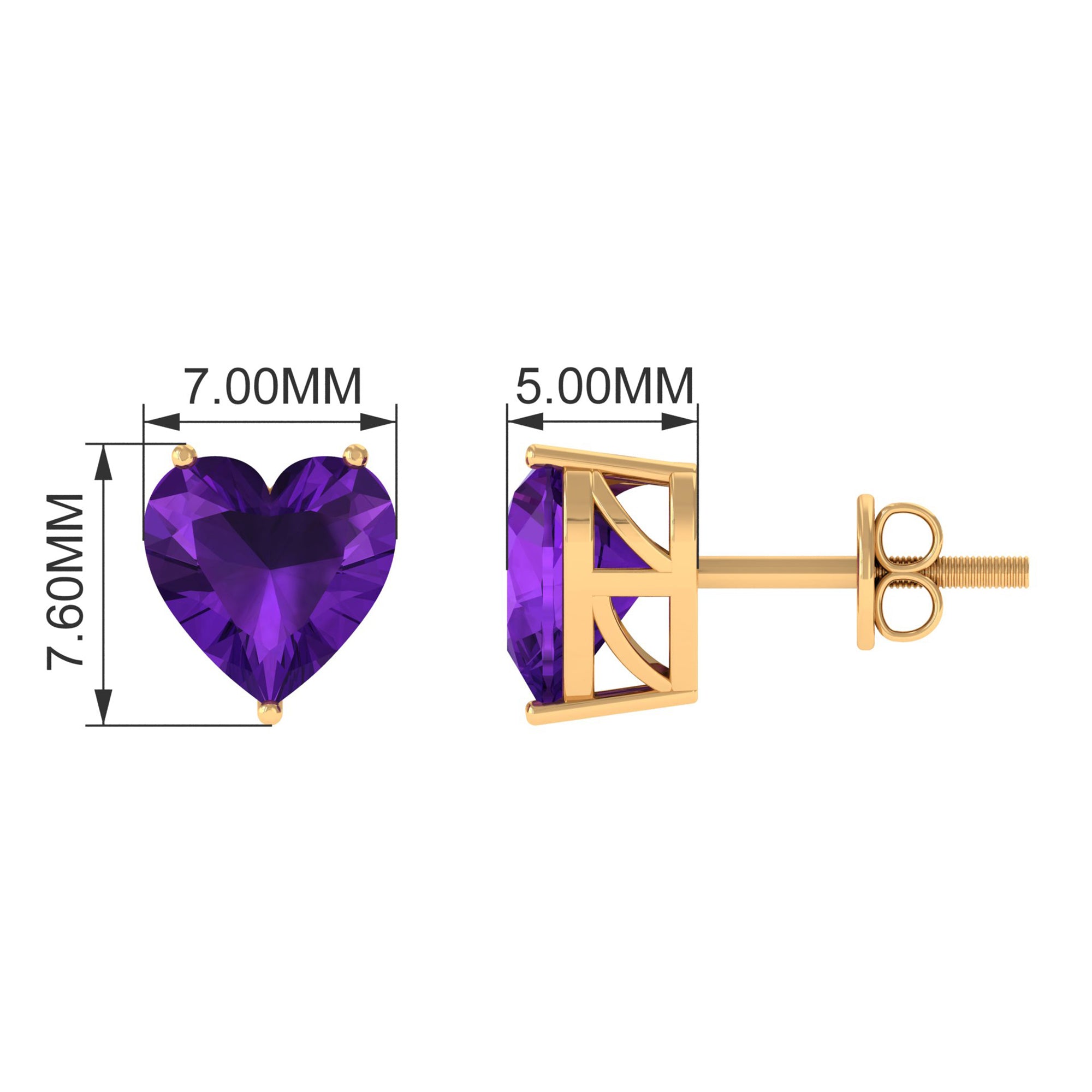 3 CT Heart Shape Amethyst Solitaire Stud Earrings in Gold Amethyst - ( AAA ) - Quality - Rosec Jewels