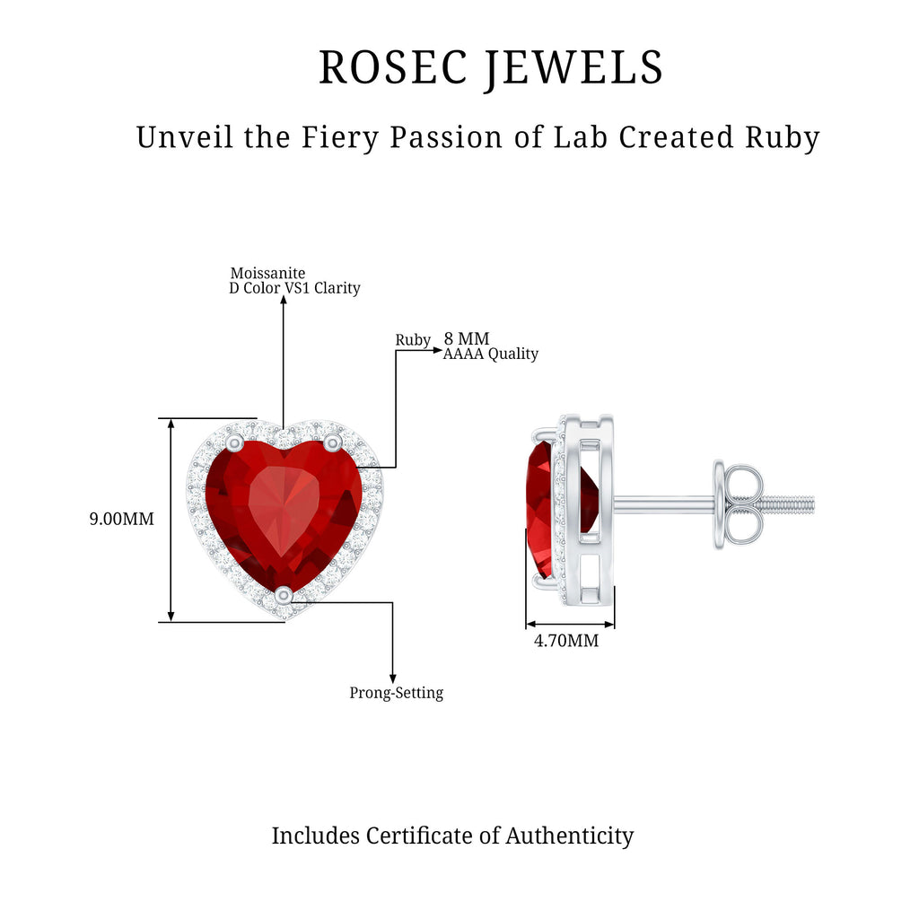 4.25 CT Heart Shape Created Ruby and Moissanite Silver Halo Stud Earrings - Rosec Jewels