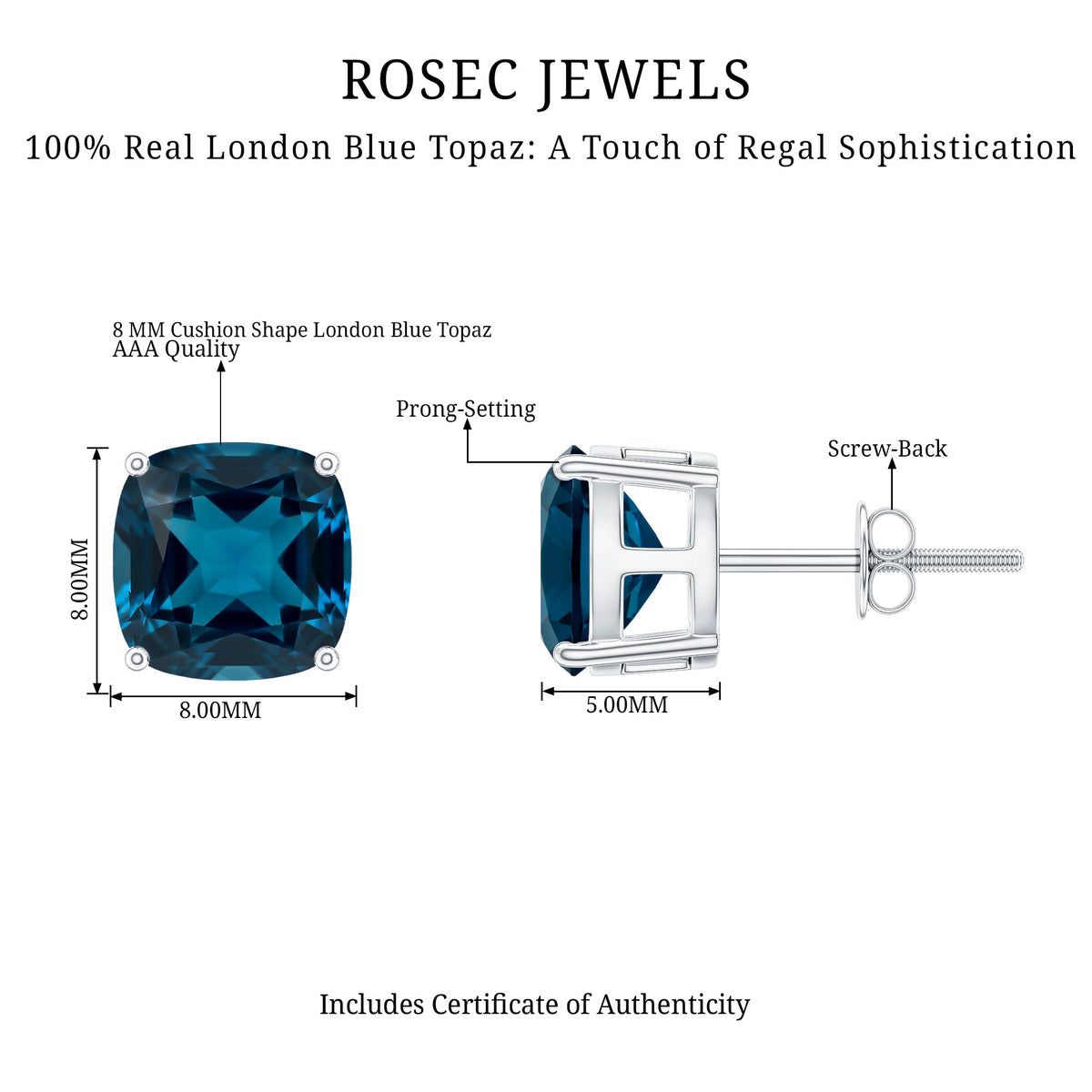 5.68 Carat Cushion Cut London Blue Topaz Stud Earrings AAA - Rosec Jewels