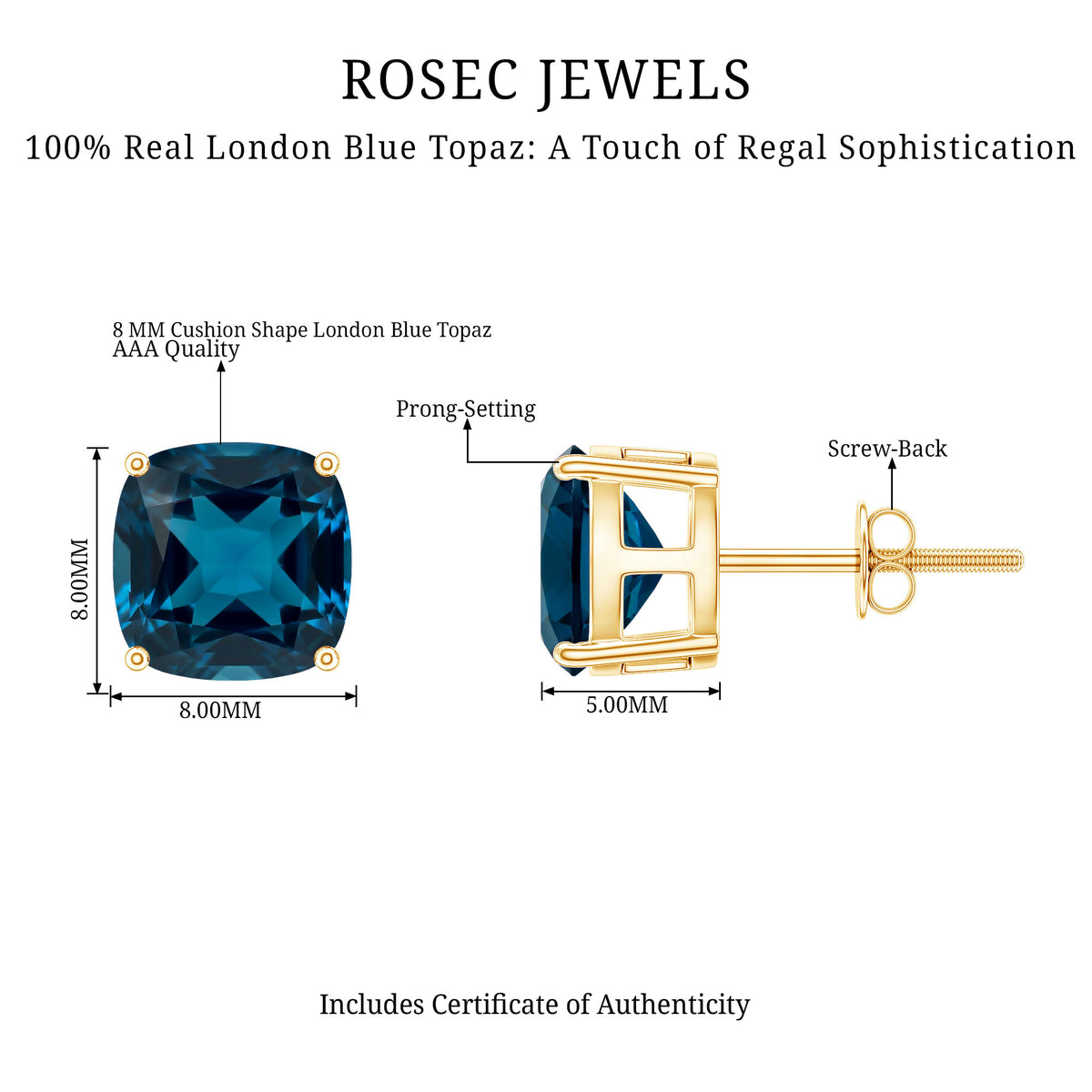 5.68 Carat Cushion Cut London Blue Topaz Stud Earrings AAA - Rosec Jewels