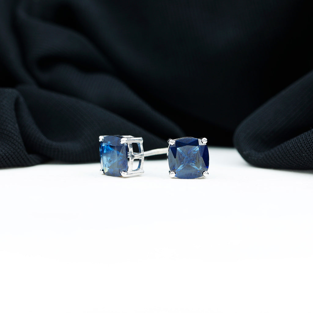 Rosec Jewels - 3 CT Cushion Cut Created Blue Sapphire Solitaire Stud Earring in Silver