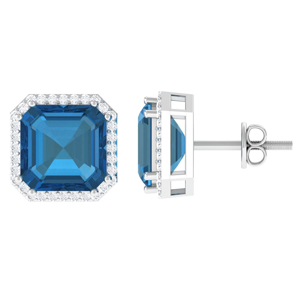 Asscher Cut London Blue Topaz and Diamond Halo Stud Earring London Blue Topaz - ( AAA ) - Quality - Rosec Jewels