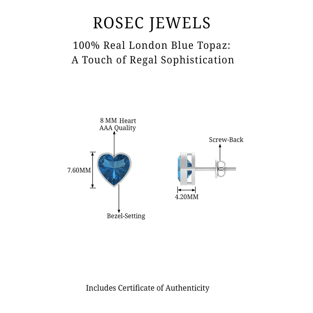 3 CT London Blue Topaz Heart Shape Silver Stud Earrings for Women - Rosec Jewels