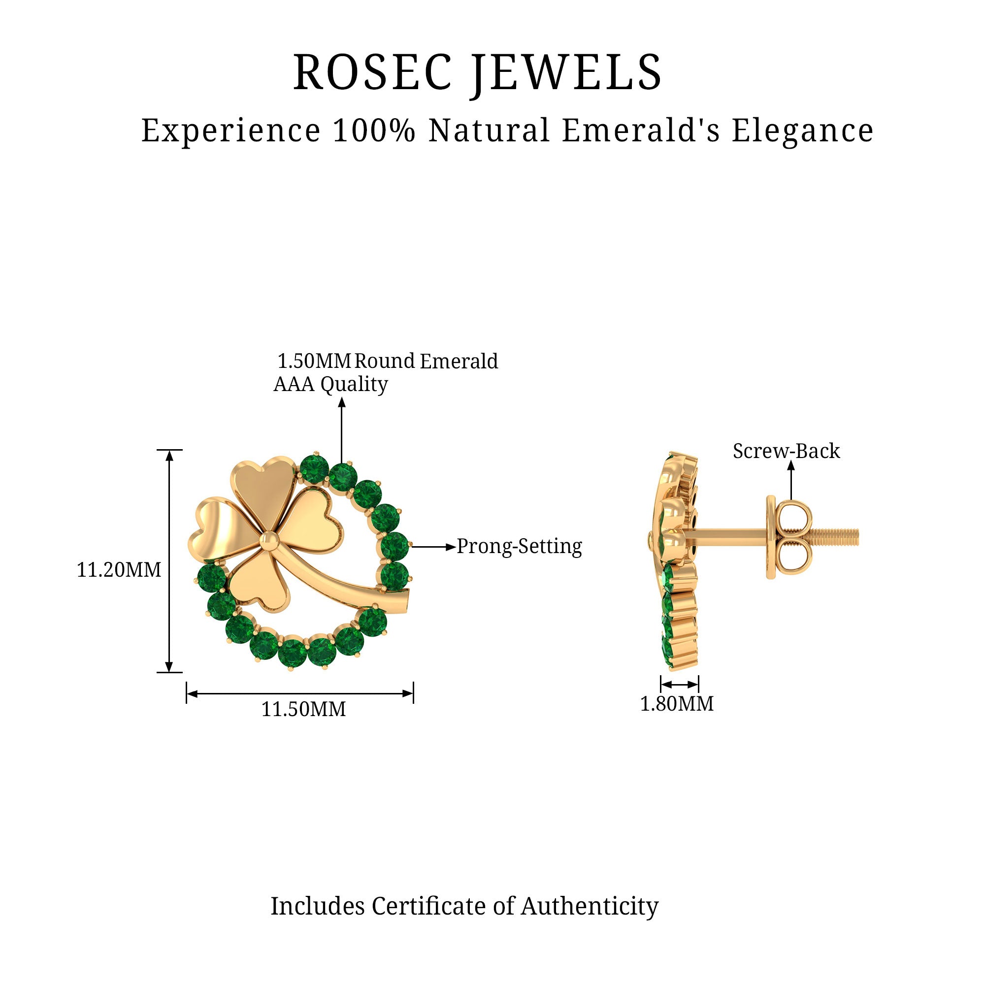 0.50 CT Emerald Eternity and Gold Clover Stud Earrings Emerald - ( AAA ) - Quality - Rosec Jewels