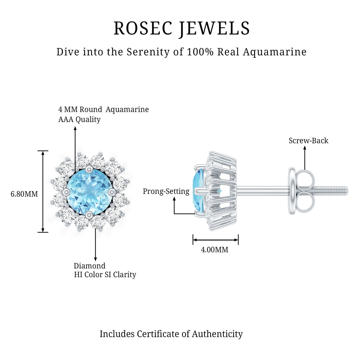 Genuine Aquamarine and Diamond Halo Stud Earrings AAA - Rosec Jewels