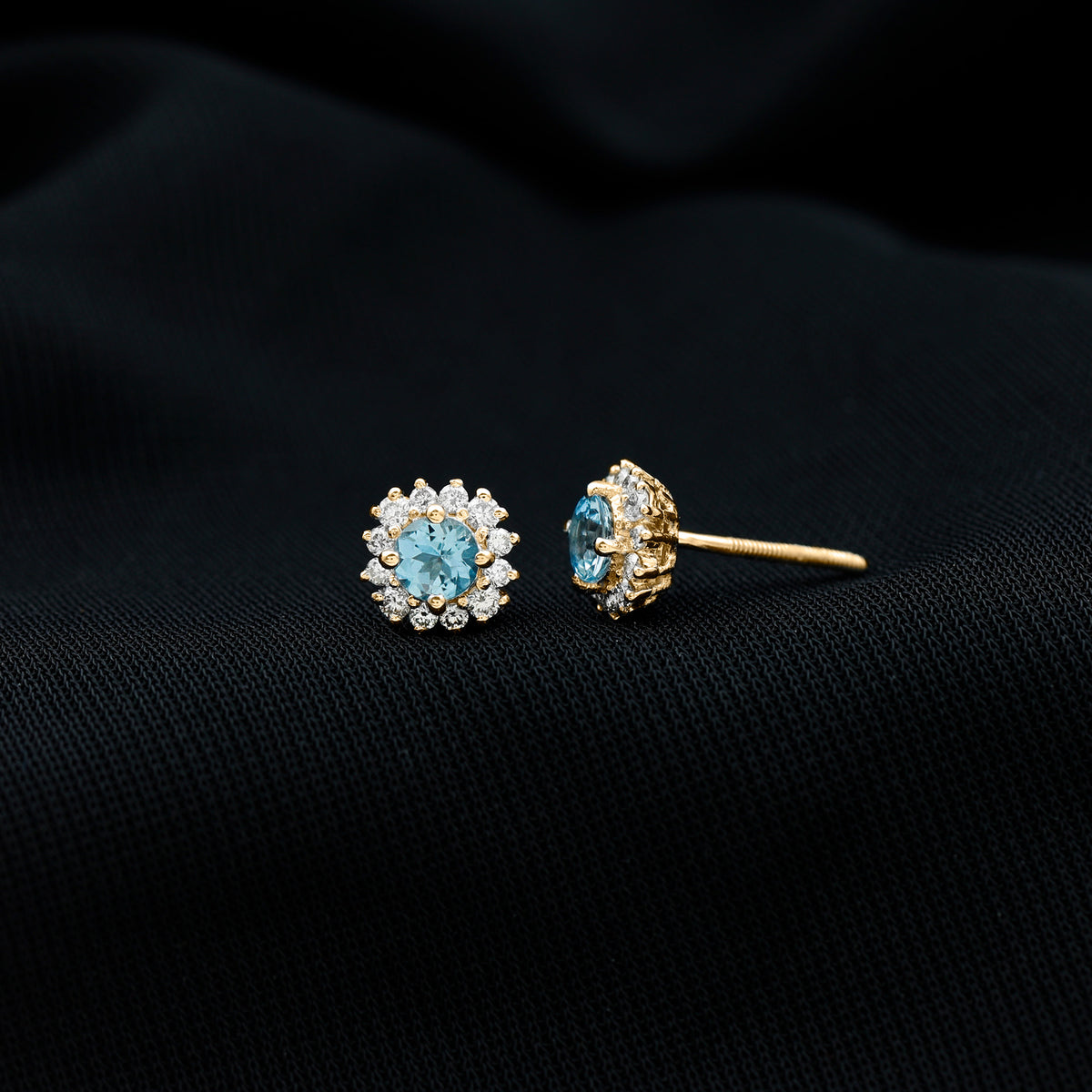Genuine Aquamarine and Diamond Halo Stud Earrings AAA - Rosec Jewels