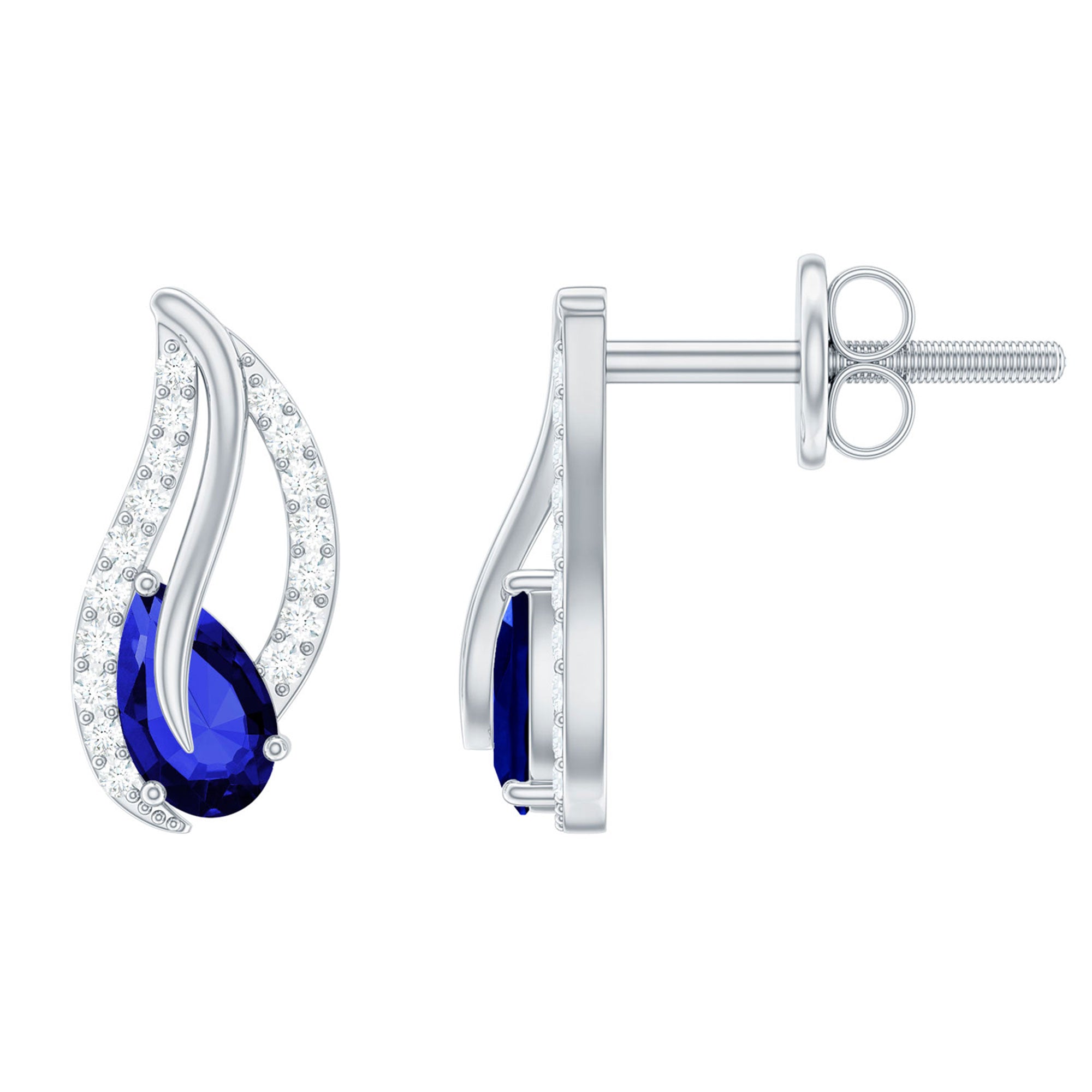 Lab Created Blue Sapphire Silver Leaf Stud Earrings with Moissanite