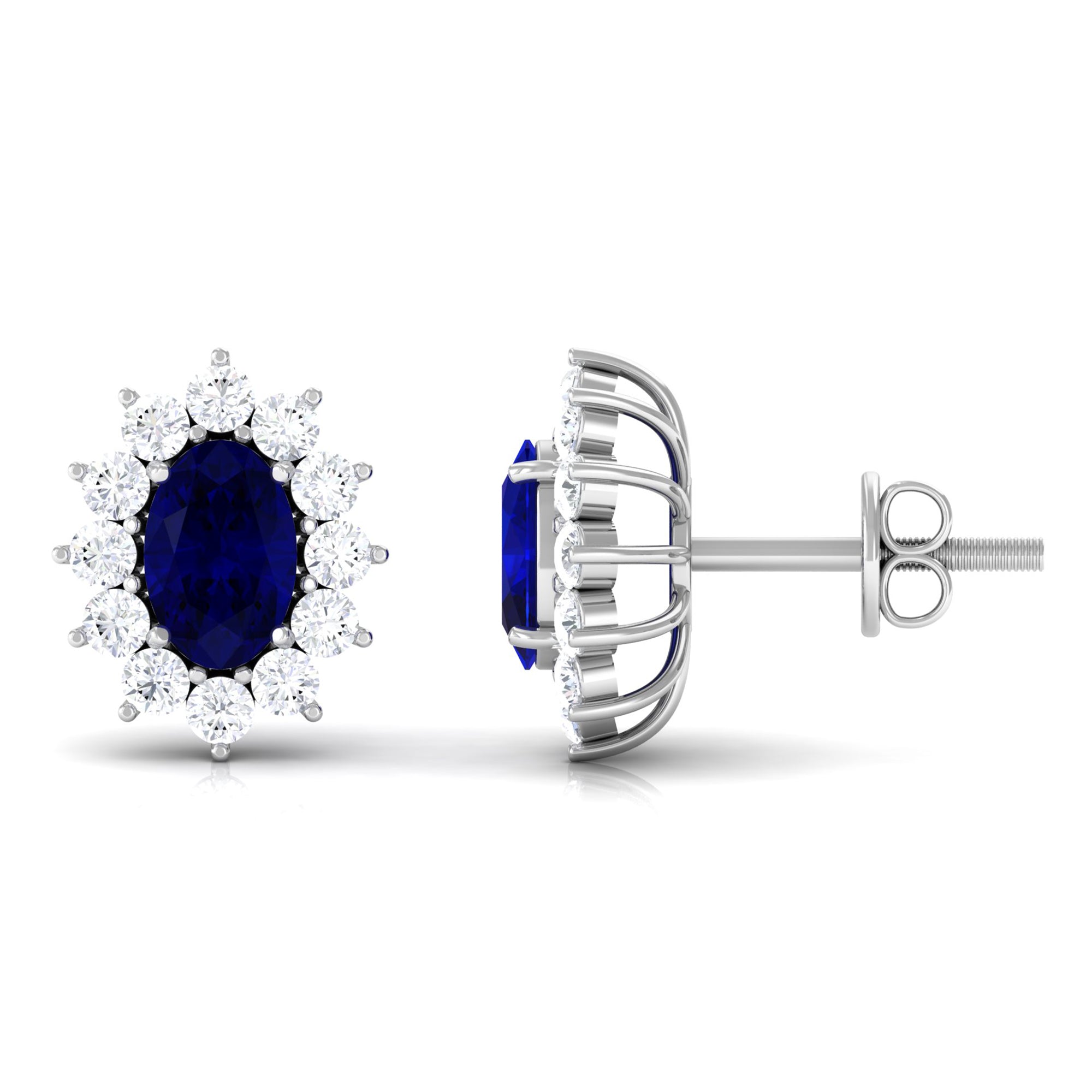 2 CT Oval Shape Blue Sapphire and Diamond Starburst Stud Earrings Blue Sapphire - ( AAA ) - Quality - Rosec Jewels
