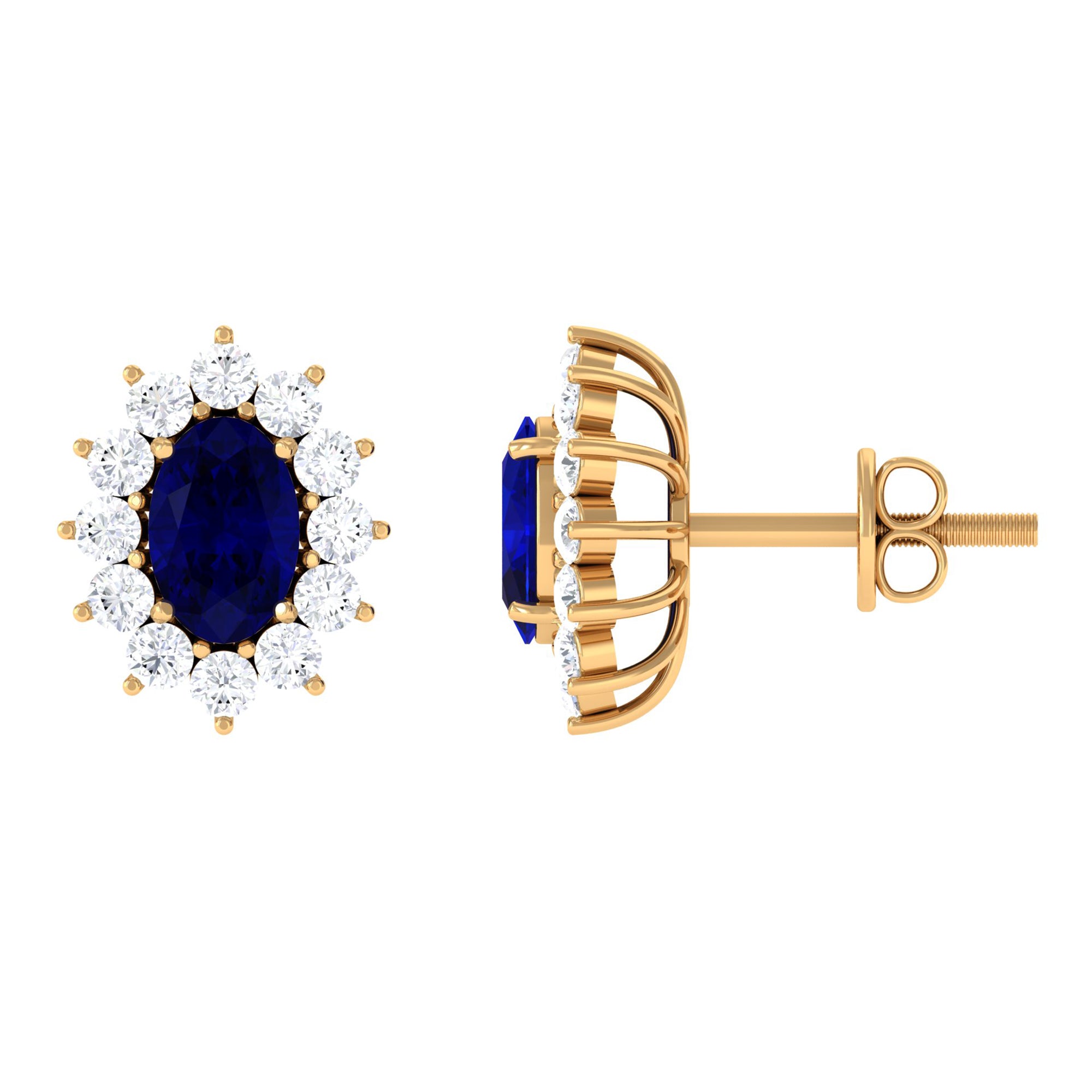 2 CT Oval Shape Blue Sapphire and Diamond Starburst Stud Earrings Blue Sapphire - ( AAA ) - Quality - Rosec Jewels
