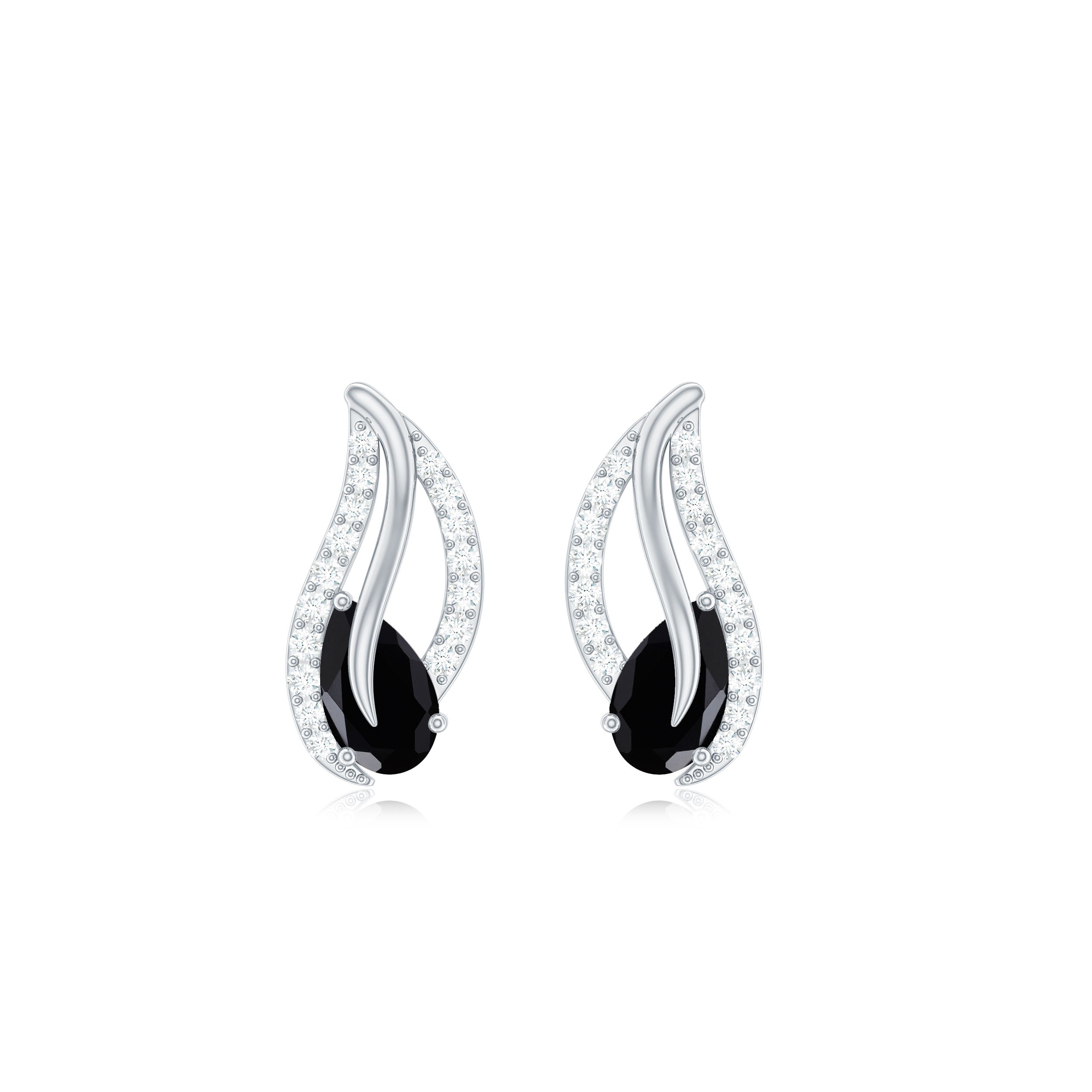 Pear Shape Black Spinel and Diamond Leaf Stud Earrings AAA - Rosec Jewels