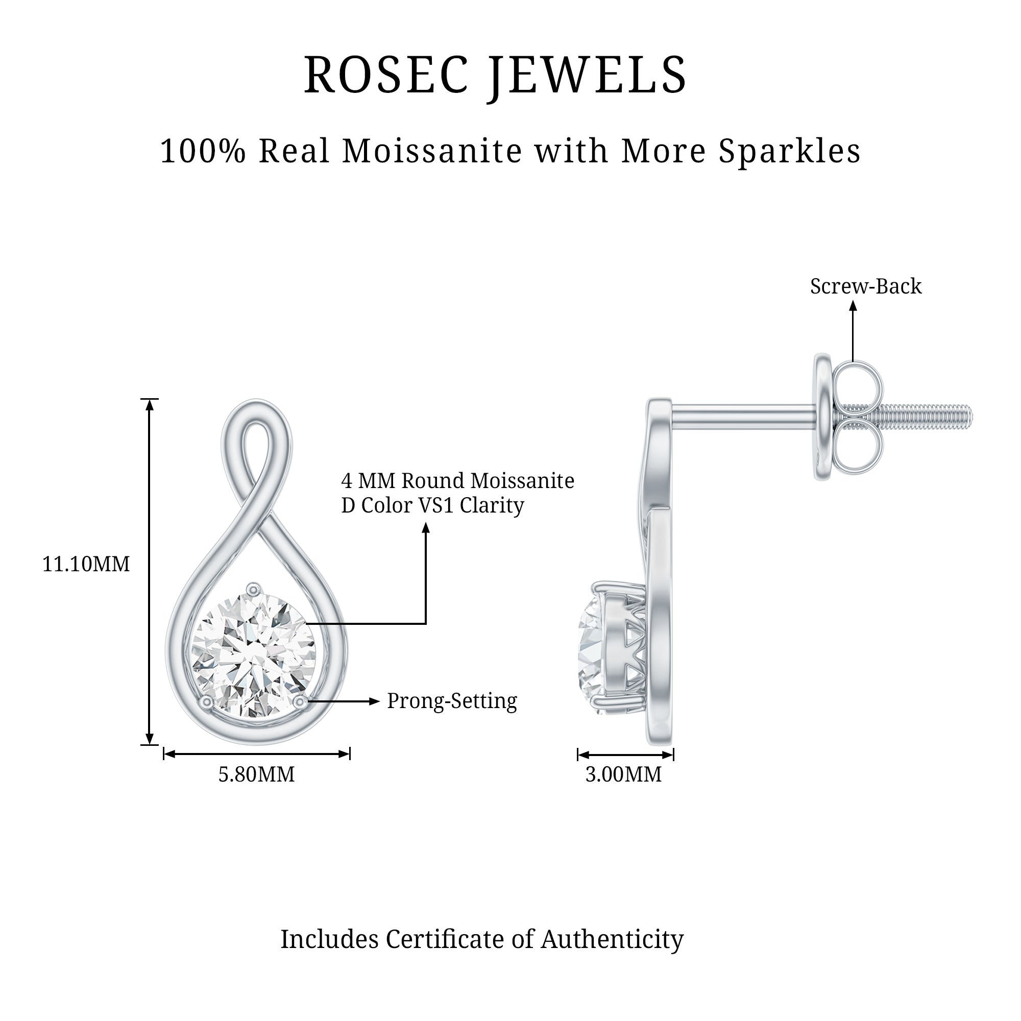 0.50 CT Round Cut Moissanite Infinity Stud Earrings D-VS1 - Rosec Jewels